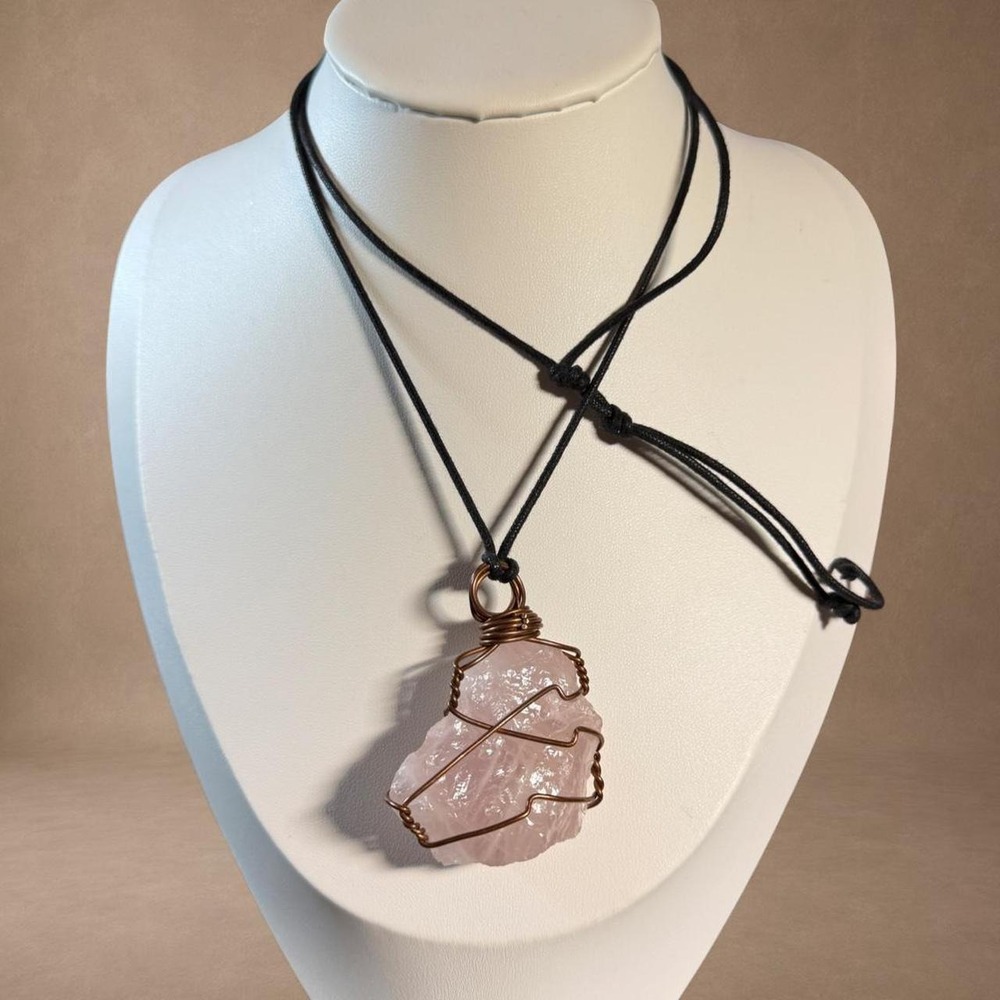 Raw Rose Quartz Crystal Pendant Necklace Wire Wrapped Black Cord Boho Witchy